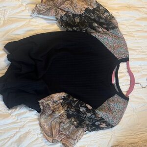 Umgee Black Top with Multicolor Floral Sleeves